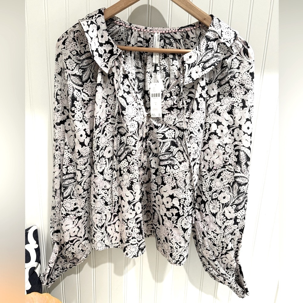 Anthropologie Cotton Shirt size S: New with tags; pink, black white floral motif